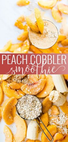 peach cobbler smoothie recipe on a plate with spoons