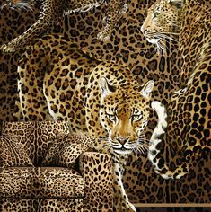 a group of leopards walking across a field next to a couch and chair in front of a wall