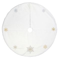 a white and gold snowflake christmas tree skirt