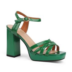 Green Round Toe Sandals For Formal Occasions, Green Synthetic Round Toe Heels, Green Synthetic Heels With Round Toe, Green Platform Heels With Round Toe, Green Patent Leather Spring Heels, Green Patent Leather Heels For Spring, Spring Green Patent Leather Heels, Green Round Toe Heels With Reinforced Heel, Green Round Toe Heels With Branded Heel Counter