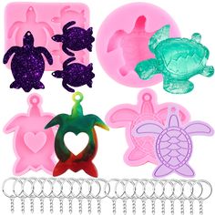 sea animals and turtle molds are shown in pink, purple, and green colors