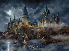 the hogwarts castle is lit up at night with ducks swimming in the water