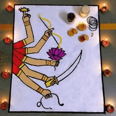 a drawing of a woman holding a bow and arrow with candles around her in the background