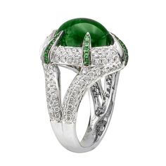 8.17 ct Cabacon Green Tourmaline Juleve Ring Luxury Tsavorite Jewelry With Gemstone Accents, Luxury Tsavorite Ring With Gemstone Accents, Luxury Oval Cabochon Emerald Ring, Luxury White Gold Oval Cabochon Emerald Ring, Luxury Oval Tsavorite Jewelry, Exquisite Green Emerald Ring With Pave Setting, Elegant Green Cabochon Emerald Ring, Elegant Green Emerald Cabochon Ring, Exquisite Green Jewelry With Pave Setting