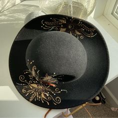 Women’s Boho Golden Floral Burned Western Jeweled Hat Nwt Handmade One Of A Kind Custom Piece Winter Festival Fitted Felt Hat, Black Elegant Festival Hats, Elegant Black Festival Hats, Black Fall Hats One Size, Black Hats For Fall, Fall Party Hat, One Size, Fall Party Hats One Size, Vintage Black Hat For Fall, Vintage Black Hat One Size