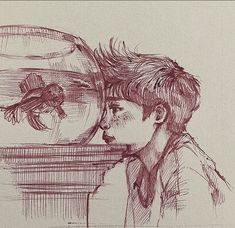 a drawing of a boy looking at a fish in a bowl