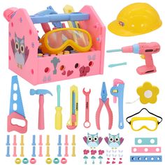 a toy tool set with safety gear and accessories