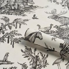 an image of a wallpaper with animals and birds in black and white colors on it