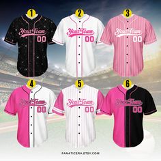 four baseball uniforms with the names of each team and numbers on them in different colors