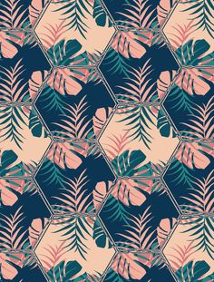 an image of a pattern with tropical leaves on the back and pink, blue, and green colors