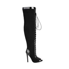 Shop Black Suede Peep Toe Lace Up Thigh High Boots Stiletto High Heels color Black for Going out, Music Festival, Night Club, Party with worldwide Free shipping & Free return. Lace Up Thigh High Boots, Club Party, High Heels Stilettos, Shoe Size Chart, Thigh High Boots, Thigh High, Thigh Highs, Night Club, High Boots