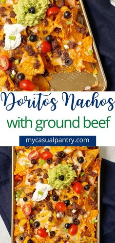 nachos with ground beef and tomatoes in a casserole dish