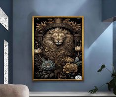 the lion is surrounded by flowers and leaves in this modern living room with blue walls