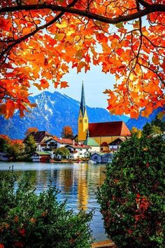 an autumn scene with trees and buildings in the foreground, mountains in the background