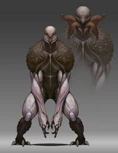 an alien creature with large legs and claws, standing in front of a gray background