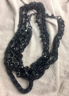 Vintage 1980 Chico's Back Rhinestone Chain Necklace, satin ribbon, 36" and 42", 4" extender, signed Black Double Strand Necklace For Party, Vintage Black Metal Chain Necklace, Black Metal Jewelry With Chain Strap, Black Metal Necklace With Rhinestones, Black Metal Long Chain Necklace, Black Metal Rhinestone Necklace For Party, Black Chain Link Necklace For Party, Party Black Rhinestone Metal Necklace, Elegant Black Necklace With Chain Strap