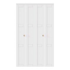 an open white closet door on a white background, with the doors closed and two knobs at the bottom