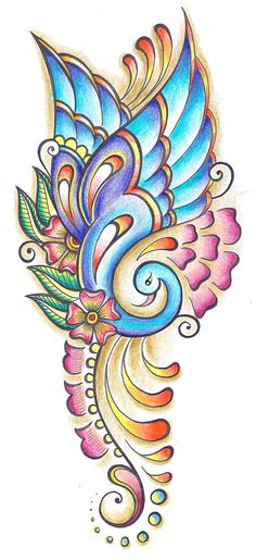 a colorful bird with swirls and leaves on it's back side tattoo design