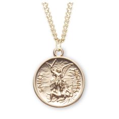 This round St. Michael medal features finely detailed engraving and a strong and distinctive image of St. Michael in battle. The gold over sterling silver medal is hand made by New England silversmiths and hand polished to a fine luster. It hangs on a gold plated curb chain.The back is blank for personalizing if desired. Patron Saint of Police, First Responders, Law Enforcement, and the Military. Deluxe gift boxed. Saint Michael Necklace, St Michael Necklace, St Michael Medal, Saint Michael The Archangel, Michael The Archangel, Saint Michael, Archangel Michael, Patron Saints, St Michael