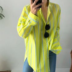 Add a bright pop of color to your summer wardrobe with our Striped Button-Down Blouse. Featuring a slightly oversized design and contrasting lime green and blue stripes, this top adds some vibrant fun to any outfit you pair it with. Wear buttoned with your favorite jeans or tie over a cute maxi dress! Long Shirt Women, Bottoming Shirt, Striped Long Sleeve Shirt, 90s Grunge, Collars For Women, Striped Sleeve, Loose Shirts, Elegant Shirt, Long Shirt