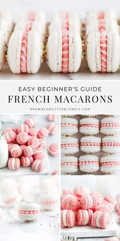 french macarons with pink and white frosting on them are shown in this collage