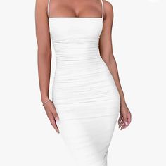 Women’s Spaghetti Strap Bodycon Dress With Ruched Sides Brand New, Never Been Worn Size: Medium White Fitted Midi Dress With Adjustable Straps, Fitted White Midi Dress With Adjustable Straps, White Spaghetti Strap Bodycon Dress For Date Night, White Strappy Dress For Brunch, White Bodycon Dress With Straps, White Strap Bodycon Dress, White Strappy Midi Dress For Party, White Strappy Dress For Date Night, White Fitted Strappy Dress