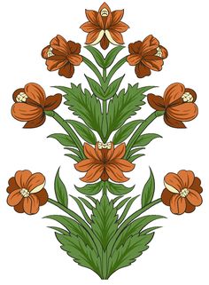 an orange flower with green leaves and buds on a white background is drawn by hand