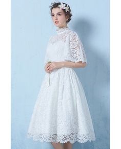 Special Lace High Neck Full Lace Wedding Dress Knee Length with Sleeves #E9860 - GemGrace.com A-line Lace Sleeve Wedding Dress, A-line Lace Dress With Lace Sleeves For Wedding, White Dress With Lace Bodice For Banquet, White Bridesmaid Wedding Dress With Lace Sleeves, White Bridesmaid Dress With Lace Sleeves, White A-line Bride Dress, White A-line Lace Dress With Lace Sleeves, White Lace Sleeve Banquet Dress, White Lace Sleeve Dress For Banquet