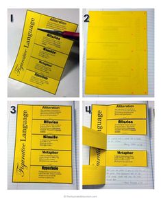 the instructions for making a yellow and black business card, with four different images on each side