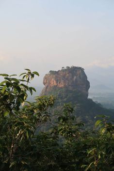 the mountain is surrounded by greenery and trees in the foreground, with a rock outcropping to the right