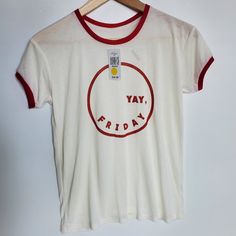 Yay Friday!!!! White Retro-Looking T Very Light; See Through Small Mark On Back (See Last Pic) Approximate Measurements: 17.5" Chest 18.5" Length In Front Sporty Red Tops For Everyday, Sporty Red Tops For Everyday Wear, Retro Red Tops With Slogan, Red Graphic Tee For Everyday Wear, Retro White Slogan Tops, Red Graphic Tee For Everyday, Red Retro Slogan Tops, Everyday Graphic Tee In Red, Red Slogan T-shirt For Spring