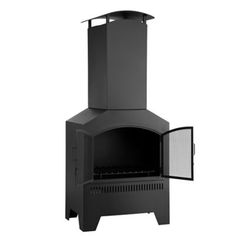 a black stove with an open door on the front and side, against a white background