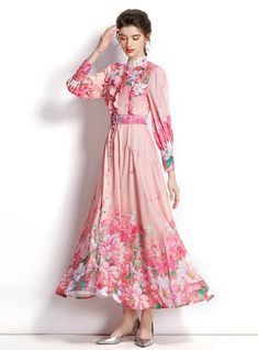 Technology: printingSkirt length: Long skirtType: A-line skirtType: middle waistPlacket: pulloverColor: pinkSizes: S,M,L,XL,2XL Auntie Outfits, Rich Auntie, Ruffle Long Sleeve Dress, Flower Print Shirt, Minimal Accessories, Gold Leaves, Printed Shirt Dress, Floral Ruffle, Lantern Sleeve