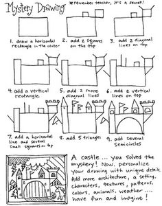 the instructions for how to draw a castle with pictures and text on it's side