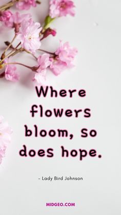 pink flowers with the quote, where flowers bloom, so does hope lady bird johnson