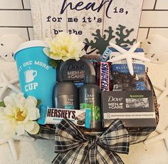 a gift basket filled with coffee, tea and other items for someone's special occasion