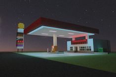 a gas station at night with the moon in the sky and stars shining on the ground