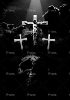 the crucifix is shown in black and white, with clouds above it