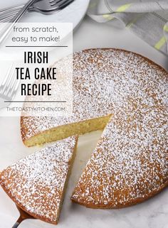 a cake that has been cut into pieces and is on a plate with the words from scratch, easy to make irish tea cake recipe