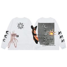 Color: White, Size: L Baggy Tshirts, Tshirts Oversized, Streetwear Graffiti, Travis Scott Cactus Jack, Y2k Fall, Cactus Jack, Graffiti Prints, Hoodie Coat, Style Hip Hop