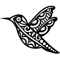 a black and white drawing of a bird with intricate designs on it's wings