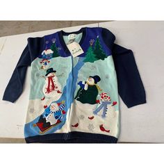 The Quacker Factory Christmas Cardigan Small Angel Snowman Nwt. Blue Crew Neck Cardigan For Winter, Casual Long Sleeve Cardigan For Holiday, Blue Winter Cardigan For Cold Weather, Casual Christmas Crew Neck Cardigan, Blue Christmas Holiday Sweater, Blue Cotton Winter Cardigan, Winter Blue Cotton Cardigan, Blue Tops For Holiday And Fall Season, Casual Holiday Outerwear