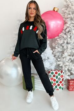 95% POLYESTER, 5% SPANDEX Model Wearing Size Small Color: Black Lightweight Sweatshirt/Top "Ho, Ho, Ho" Patch Graphic Long Sleeve Oversized Fit French Terry Lining Top Has Stretch 16" Armpit To Sleeve End 13.5" Armpit To Hemline For Model Size Specs Please Check Size Charts Launched: 11/14/23 Black Relaxed Fit Top For Leisure, Black Casual Tops For Leisure, Casual Black Tops For Leisure, Black Letter Print Tops For Leisure, Black Tops With Letter Print For Leisure, Leisure Black Tops With Letter Print, Trendy Black Top For Leisure, Black Letter Print Sweatshirt For Leisure, Leisure Black Sweatshirt With Letter Print