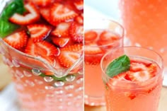 two pictures with strawberries in them and one has mint leaves on it, the other has watermelon