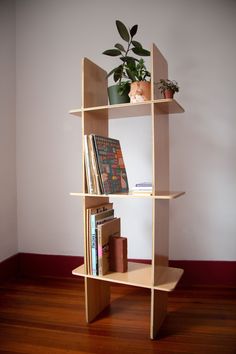 a wooden shelf with books on top of it and a potted plant in the corner