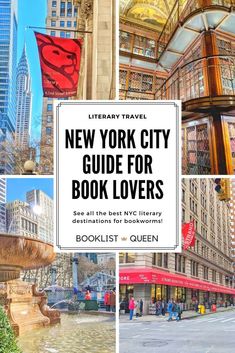 the new york city guide for book lovers is featured in this postcard with images of books