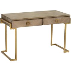 a wooden table with two drawers on one side and a gold frame around the bottom