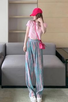 High Waist Vintage Tie Dye Loose Pants – Tomscloth Casual Pink Wide Leg Pants With Elastic Waistband, Casual Multicolor Wide Leg Summer Pants, Casual Pink Harem Pants For Summer, Casual Pink Wide Leg Pants For Summer, Casual Pink Wide Leg Pants, Casual Multicolor Harem Pants For Spring, Casual Multicolor High Waist Wide Leg Pants, Casual Pink Pants For Summer, Casual Pink Summer Pants