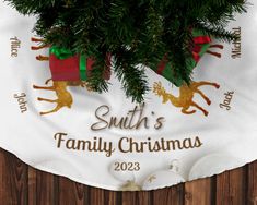 a family christmas ornament hanging on a wooden wall next to a pine tree