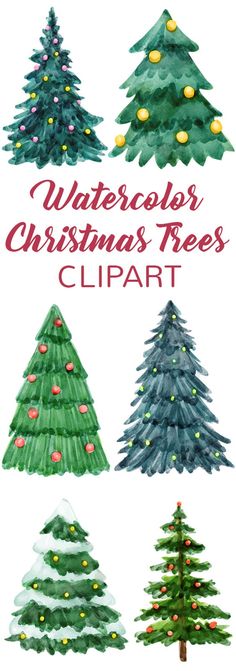 watercolor christmas trees clipart with different colors and sizes, including the top one in green